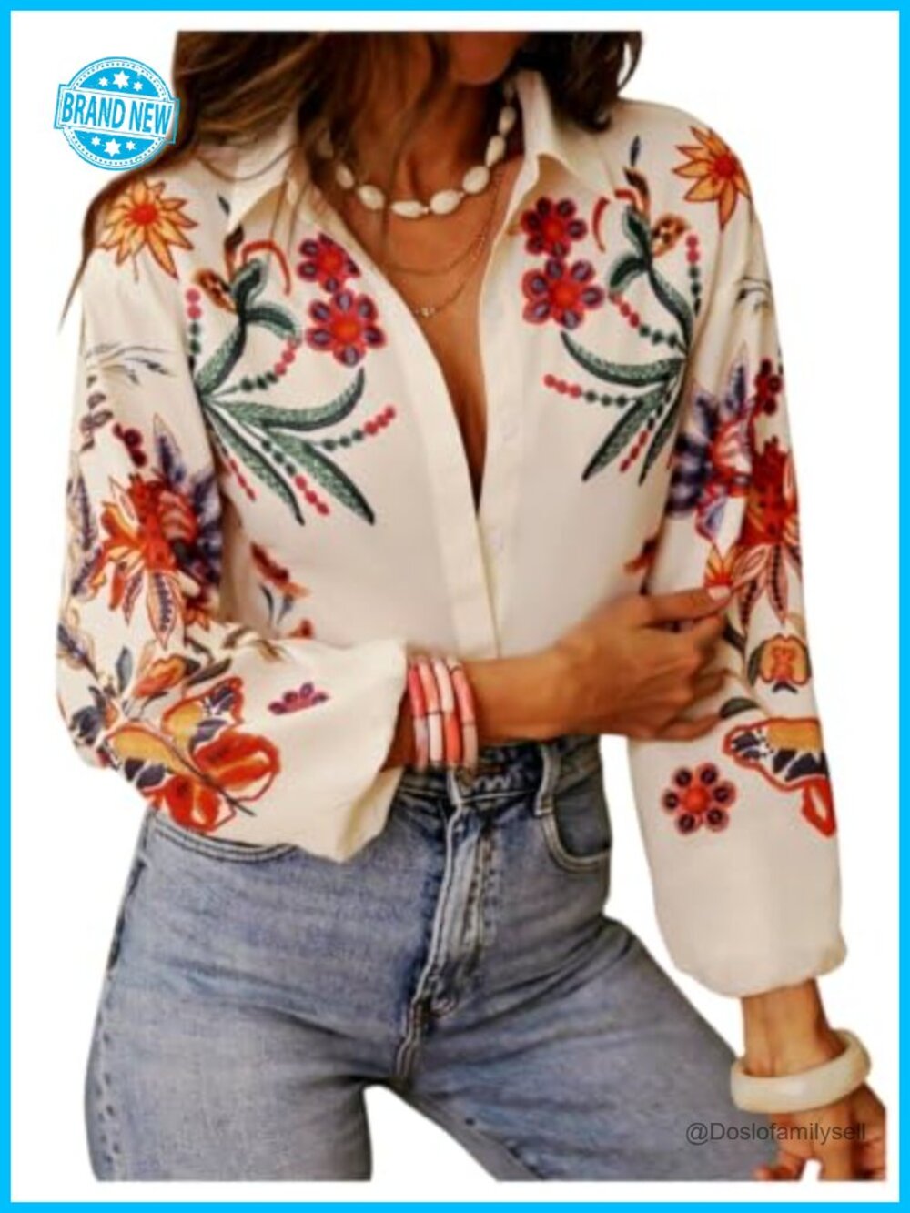 Women's Button Down Boho Floral Lantern Sleeve Blouse